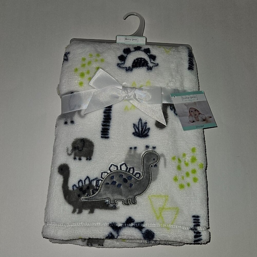 NEW Baby Gear Dinosaur Elephant Fleece Baby Blanket Lovey Gray Blue White 30x40